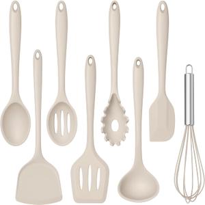 TeamFar 8 PCS Silicone Cooking Utensils - 446F Heat Resistant Kitchen Silicon Utensils Set, Turner, Spatula, Spoon, Whisk, Kitchen Cooking Gadgets Tools for Nonstick Cookware, Dishwasher Safe-Khaki