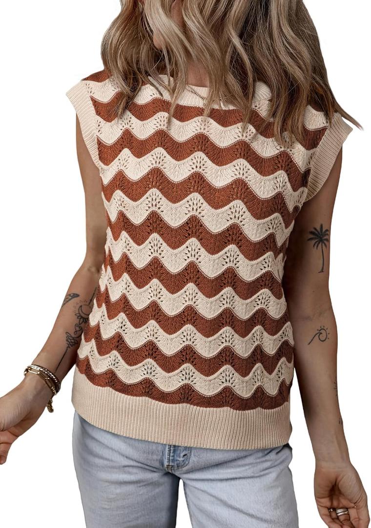 SHEWIN Sweater Vest for Women Crewneck Striped Crochet Sleeveless Sweaters Tank Tops M