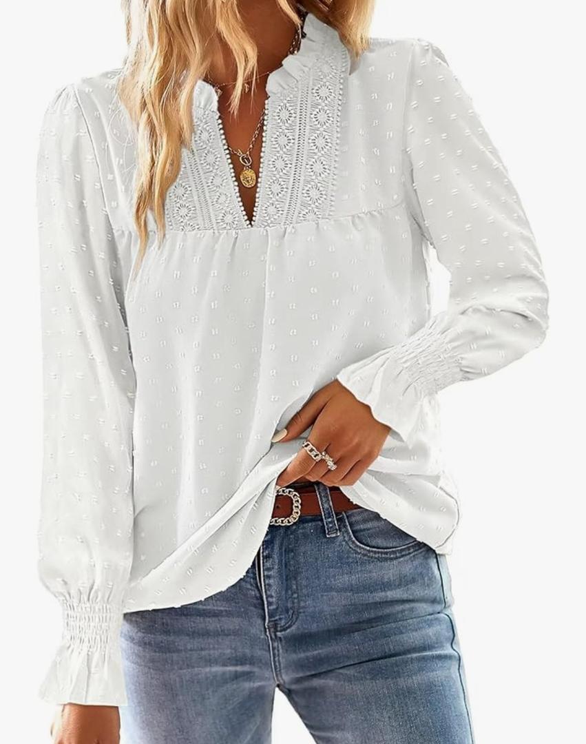 Boho Tops for Women V Neck Blouses Flowy Swiss Dot Dressy Casual Lace Womens Long Sleeve Shirts Trendy 2026 XL