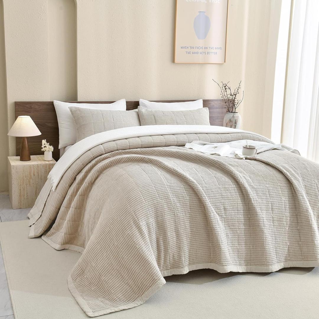 Sanracie Cotton Oversized King Bedspread(128"x120"),Wheat Waffle Weave Quilt Set 3Pcs Soft Lightweight Farmhouse Quilt California King Size Oversized Extra Large Wide Bedding Coverlet for All Seasons, Oversized King Plus