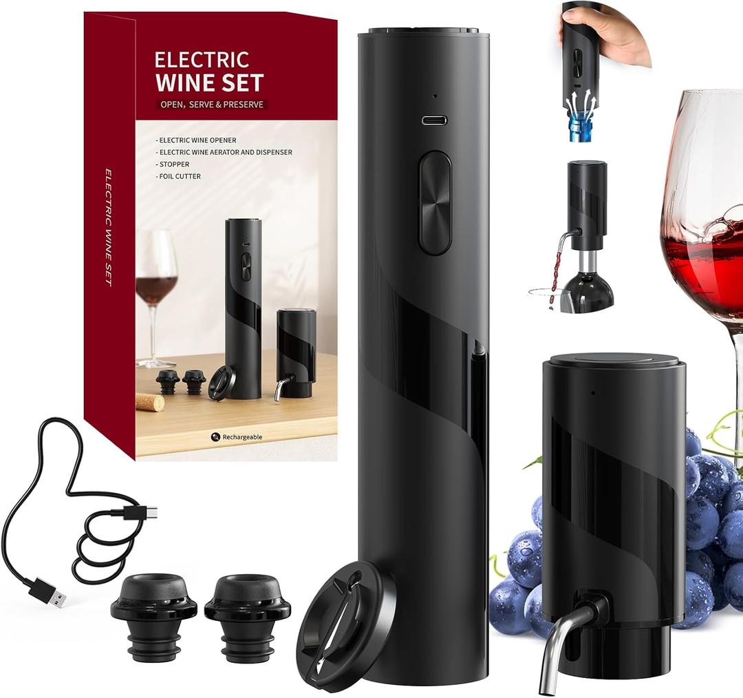CIRCLE JOY Electric Bottle Opener Set Rechargeable 7-in-1 Set with Foil Cutter, Electric Opener, Electric 2in-1 Aerator & Pourer, Electric Vacuum Pump and 2 Stoppers, Black