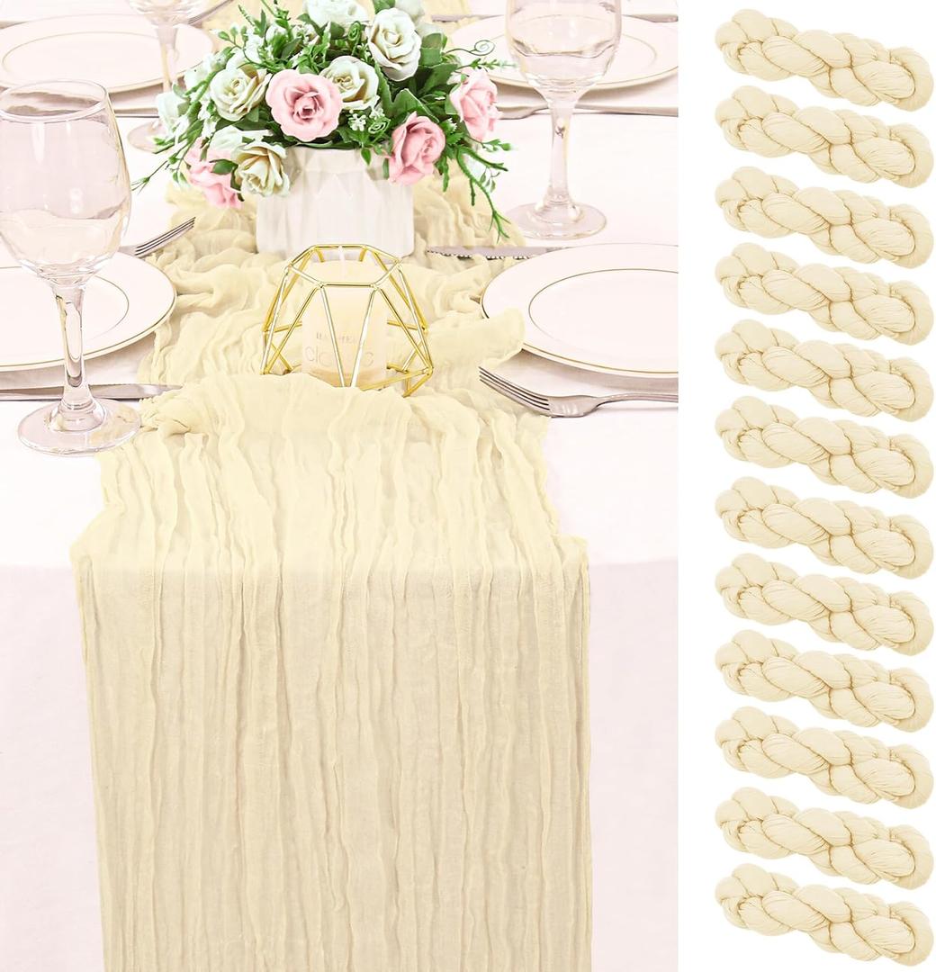 12 Pack 120 Inch Beige Cheesecloth Table Runner Boho Rustic Gauze Sheer Romantic 10 FT Long Cheese Cloth Table Runner for Bridal Baby Shower Wedding Party Birthday Holiday Home Easter Decor