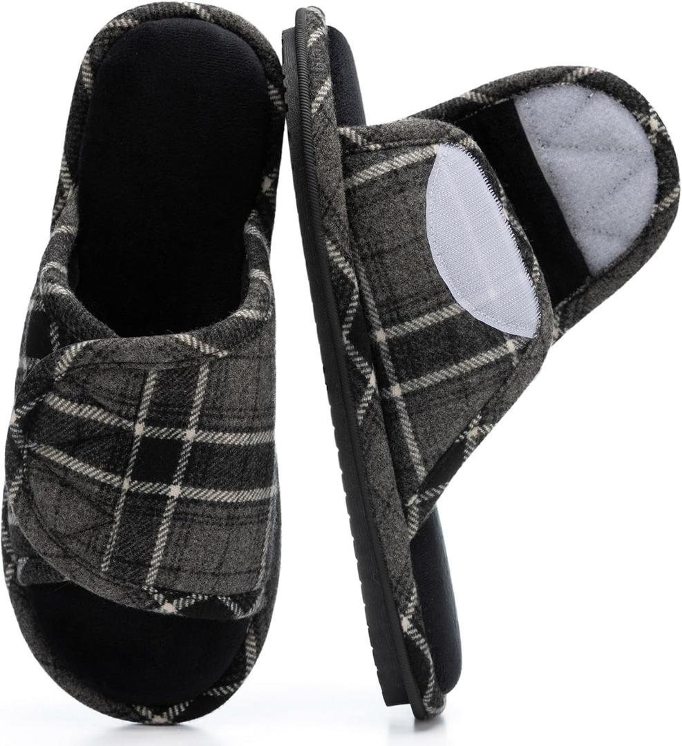 Adjustable Open-Toe Mens Slippers Memory Foam House Slippers with Non-Slip Soles Indoor and Outdoor Shoes Gifts for Men Him Dad (13-14, Black Grey)