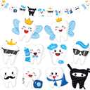 Tooth Party Garland Banner  Pre-Strung Cartoon Tooth Characters Hanging Decoration for Dental Clinic, Tooth Fairy Birthday, Kids Dentist Party, Classroom, Graduation, and Oral Health Week Supplies