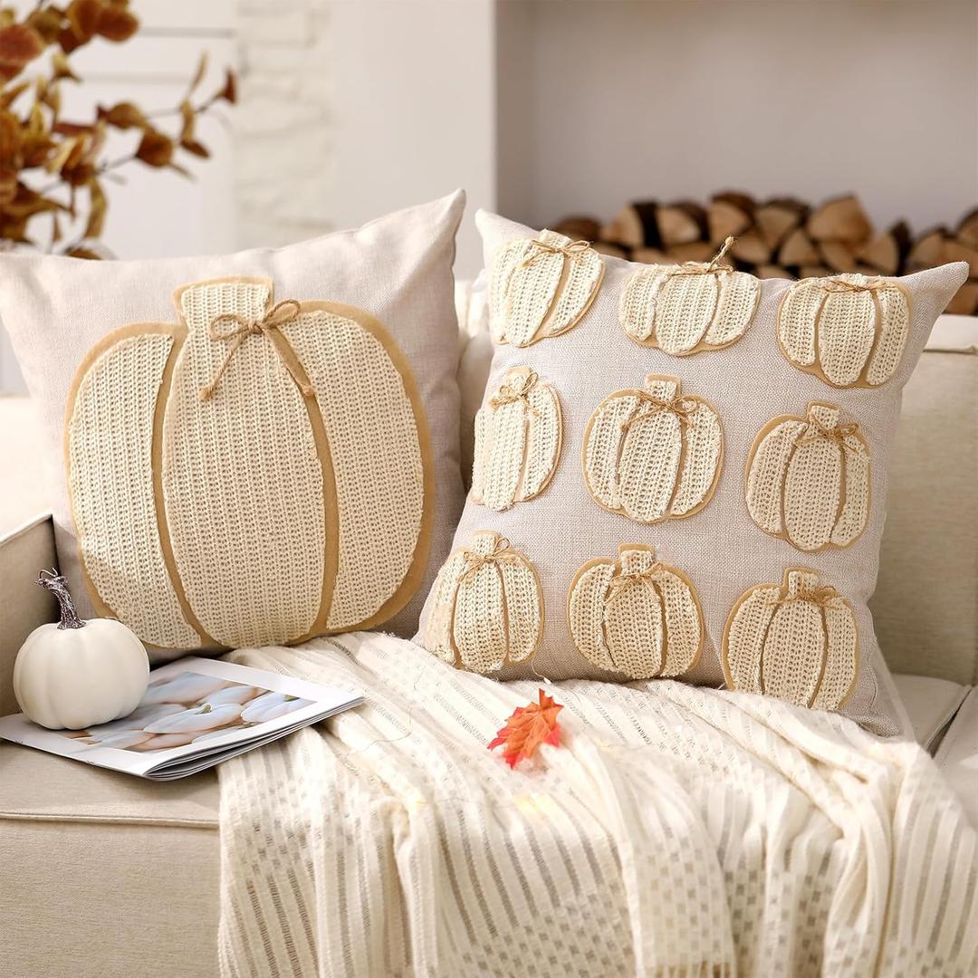 Mixweer Fall Pumpkin Pillow Covers 18 x 18 Inch Set of 2 3D Embroidery Layered Pumpkin Throw Pillow Covers Beige Farmhouse Autumn Pillowcases for Sofa Couch Home Halloween Thanksgiving Fall Decors