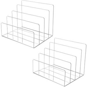 2PCS Clear Acrylic File Holder, 4 Section File Sorter, Desk Mail Organizer Countertop, Vertical File Stand, Notebook, Folder, Wallet, Envelope Organizer