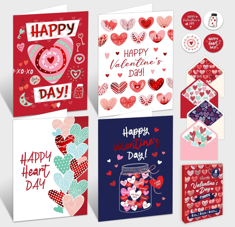 Decorably 8 Pack Foiled 4x6in Valentine Cards for Adults with Envelopes and Stickers, 8 Fun and Elegant Designs for Loved Ones, Family, Friends with Printed Message Inside, Gifting & Mailing
