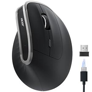 Acer Ergonomic Mouse Wireless, Vertical Computer Mouse for Office, Ergo Mice Rechargeable for Medium to Large Sized Hands, 2.4GHz USB Receiver, 800/1200/1600 DPI, 6 Buttons for Laptop, PC and Desktop, Black