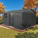 12x10 Ft Storage Shed Outdoor, XL Permanent Steel Building with Window, Sliding Doors and 4 Air Vents for Backyard Garden Patio Lawn - Black, Two Boxes