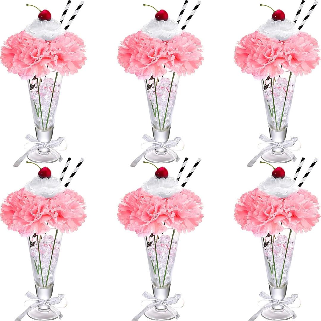 WILLBOND 6 Sets Pink Carnations Artificial Flowers, 50's Theme Party Decorations Include White Pink Carnation Lifelike Cherries and Paper Straws for Sock Hop Rock and Roll Grease Party Decorations