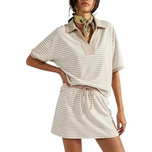 2 Piece Sets for Women 2026 Summer Striped Short Sleeve Polo Skort Casual Sets Sweatsuit Workout Matching Outfits Small