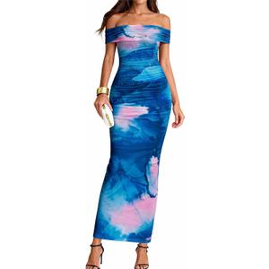 BTFBM Cocktail Dresses for Women 2026 Elegant Classy Off Shoulder Bodycon Mesh Slit Floral Maxi Spring Summer Dress (XL)
