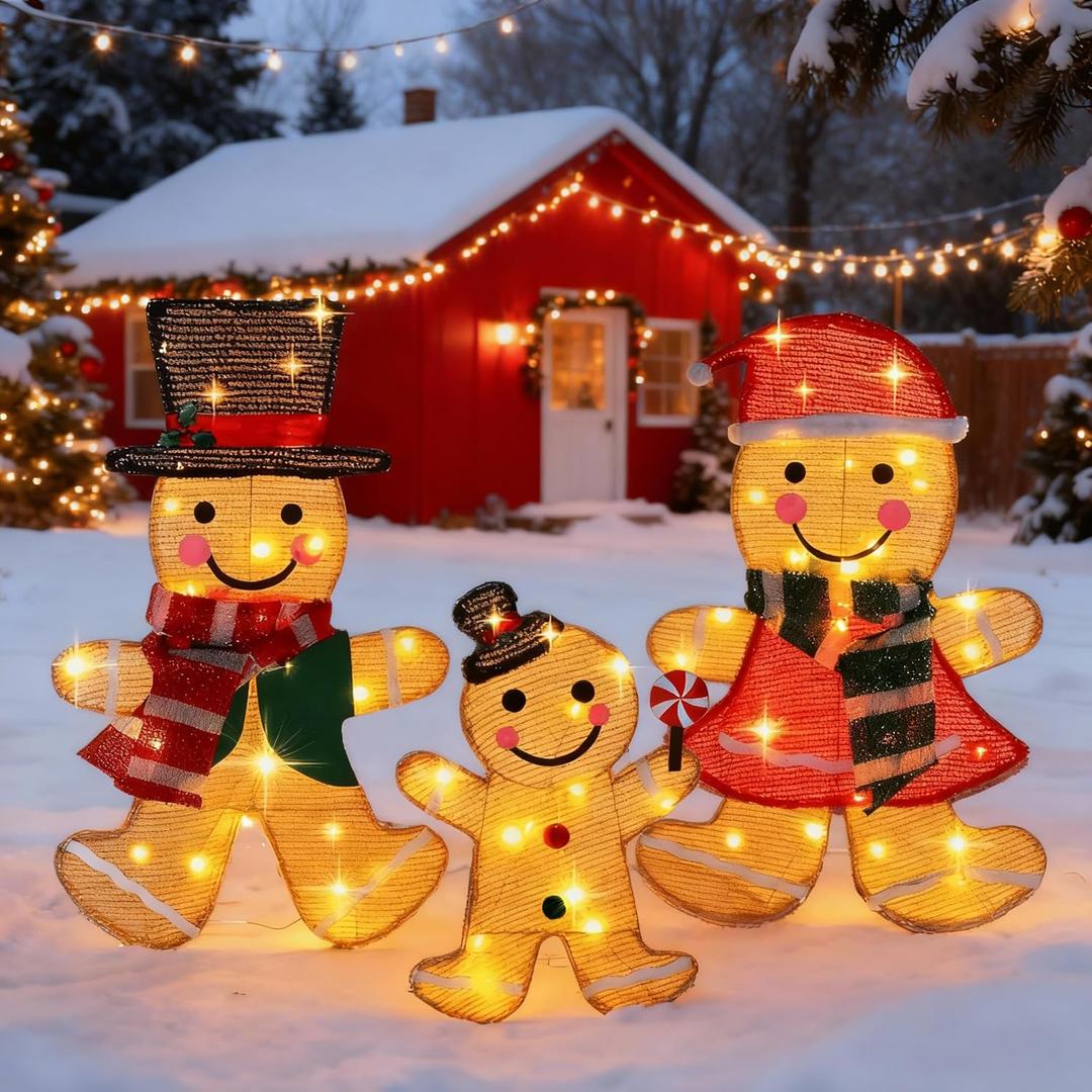Light Up Gingerbread Man Christmas Decorations Outdoor, 53 LEDs Set of 3 Lawn Ornament, Outdoor Lighted Holiday Displays for Christmas Yard Decorations (Gingerbread Man)