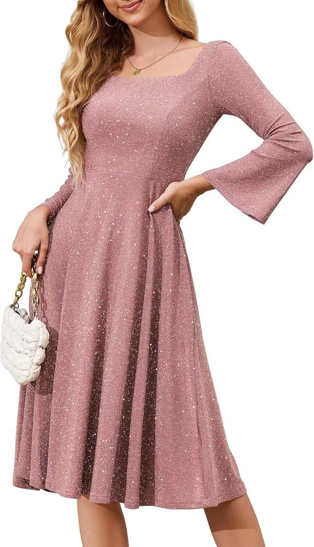 BeryLove Prom Dress for Teens: Sequin Formal Party Dress with Flutter Short Sleeves for Wedding & Cocktail Evening Events (Large, Long Sleeve Blush)
