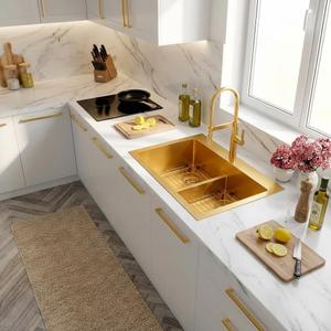 LQS Gold Kitchen Sink 33x22, 33 Inch Drop In Kitchen Sink Double Bowl, Handmade Deep & Large Stainless Steel Kitchen Sink with Low-Divider