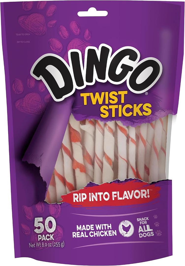 Dingo Twist Sticks 50 Count, Rawhide For Dogs, Made With Real Chicken, 50 Count (Pack of 1), Best By: 02/21/2028