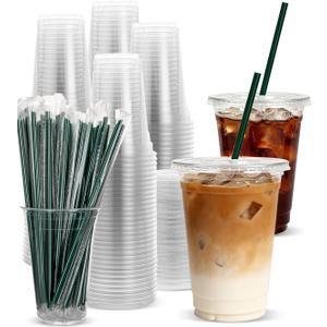 Goodluck 100 Pack 16oz Plastic Cups with Lids and Green Straws, Clear Disposable Iced Coffee Cups, Food Safe Cold Drink Cups for Bubble Tea, Smoothies & Shakes, BPA Free