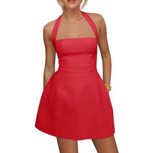 Yousify Womens Sexy Halter Mini Dress Summer Backless Square Neck A Line Flared Club Party Dresses (Red, XS)