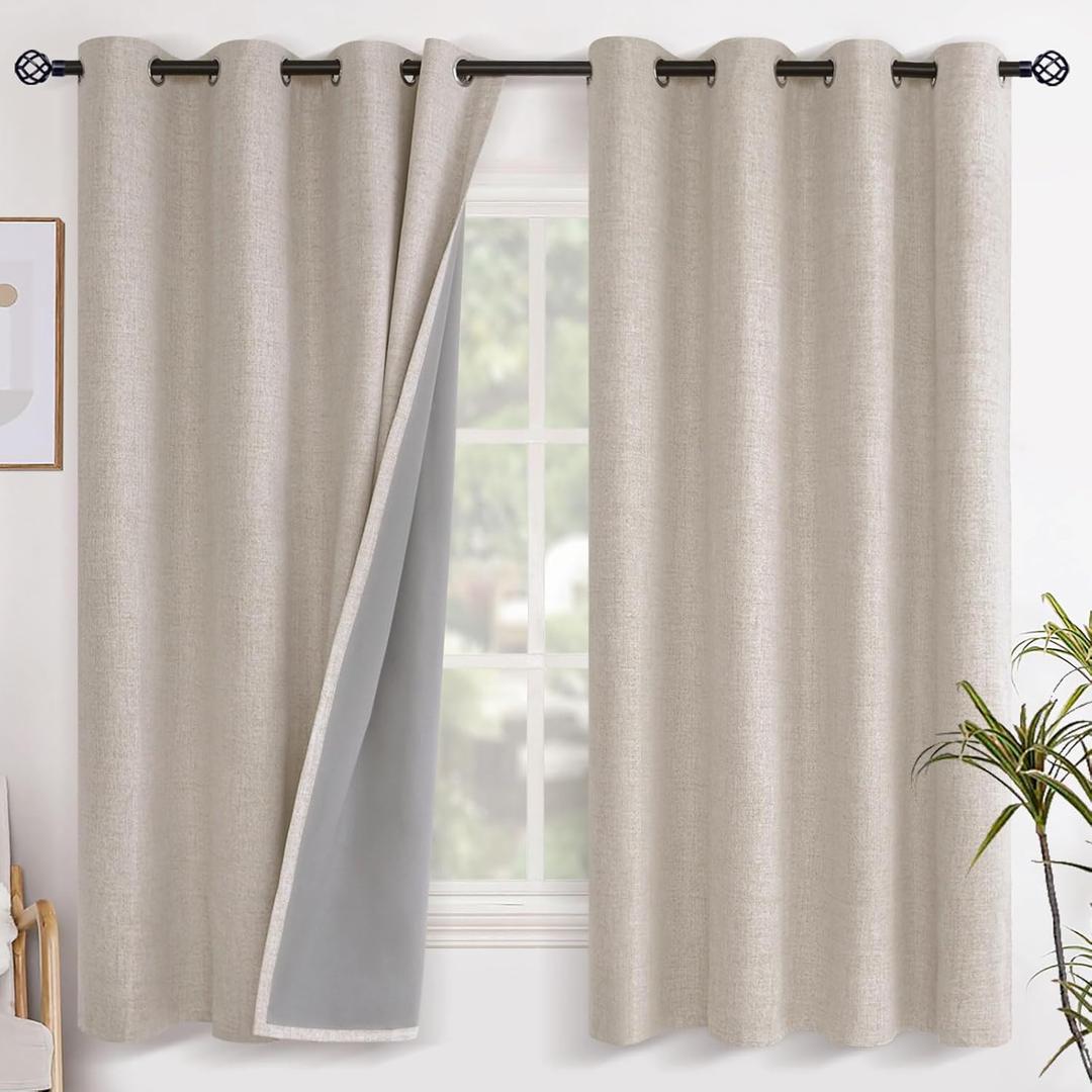 YoungsTex Oatmeal Linen Blackout Curtains for Bedroom 63 Inch Length, Room Darkening Window Drapes Heat Blocking for Living Room Farmhouse Thermal Insulated with Grommet, 2 Panels, 52 X 63 Inch
