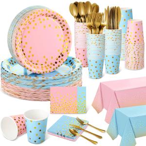 Tegeme 256 Pcs Blue and Pink Baby Shower Gender Reveal Party Decoration Serve 36 Guest Gold Dot Disposable Tablecloth Plates Napkin Cup Plastic Fork Knives Spoon for Birthday Party Supplies