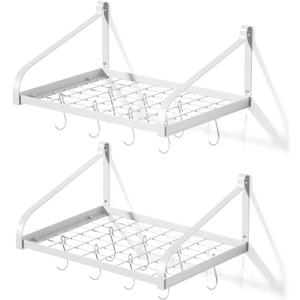 Love-KANKEI Pot Rack Wall Mounted Set of 2 Pan Pot Organizer Wall Shelves with 16 Hooks for Kitchen Cookware Utensils Organization White