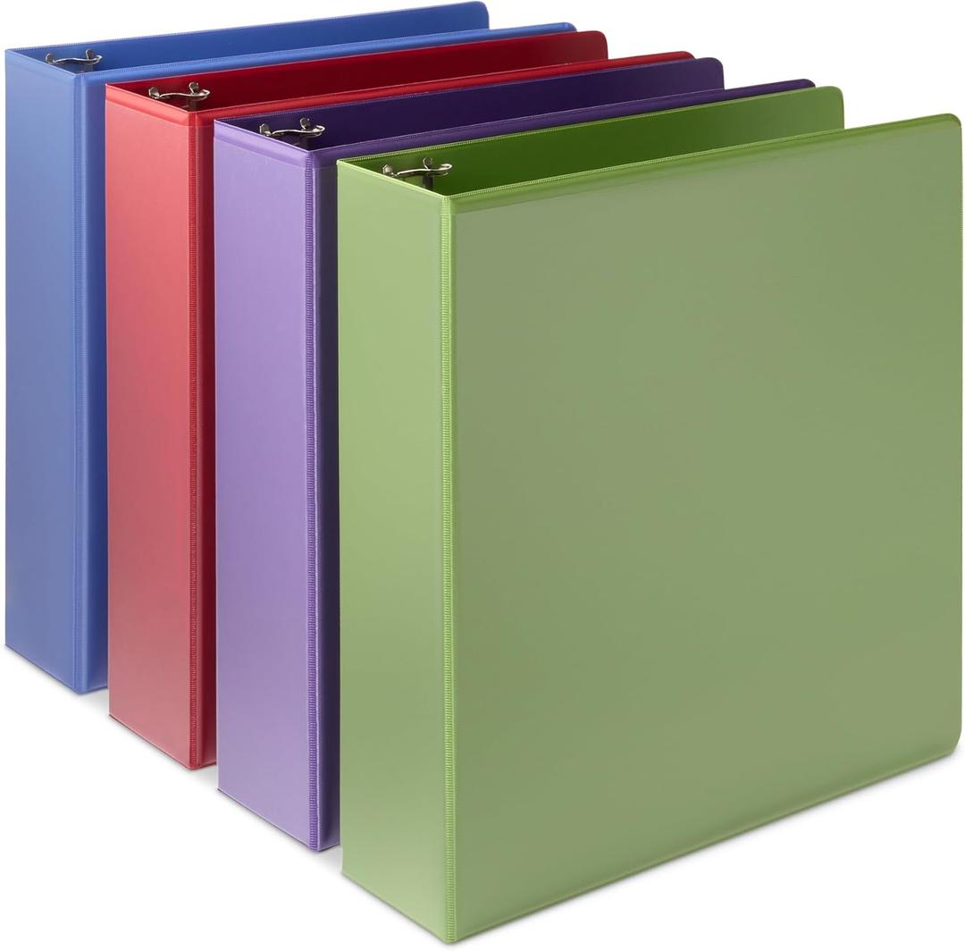 Amazon Basics 3 Ring Binder, 2 inch Round Rings, Holds 375 Sheets, Two Interior Pockets, Assorted Colors, 4-Pack