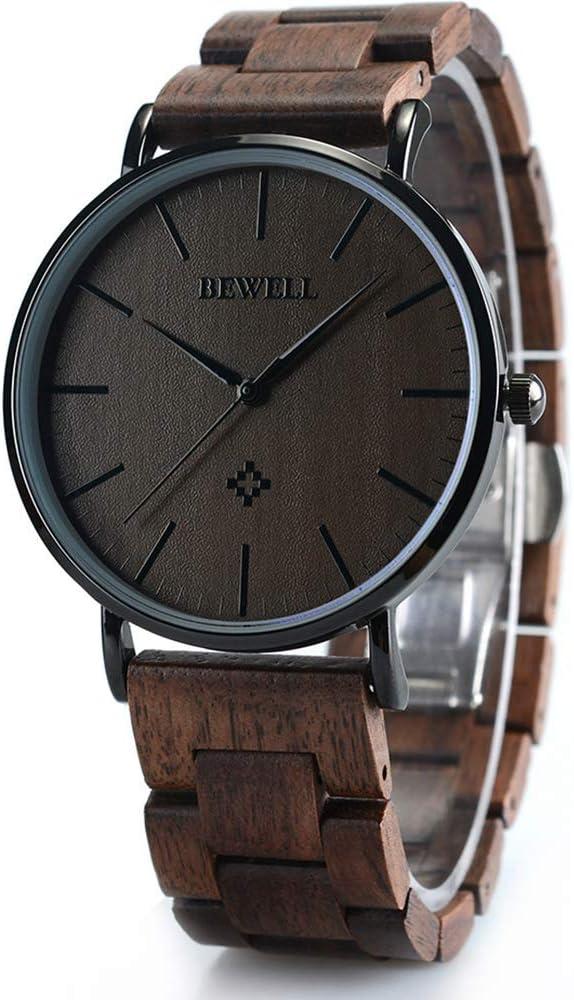 BEWELL Wooden Watches for Men Women Slim Analog Quartz Minimalist Couple Wrist Watch