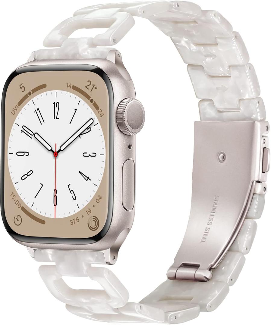 Light Apple Watch Band -D-shaped Design Resin iWatch Bands Starlight, Apple Watch Bands for Women Men, Compatible with Apple Watch Ultra 2 1 Series 11 10 9 8 7 SE 6 5 4 3(Pearl White,38mm/40mm/41mm/42mm(Series 11 10))