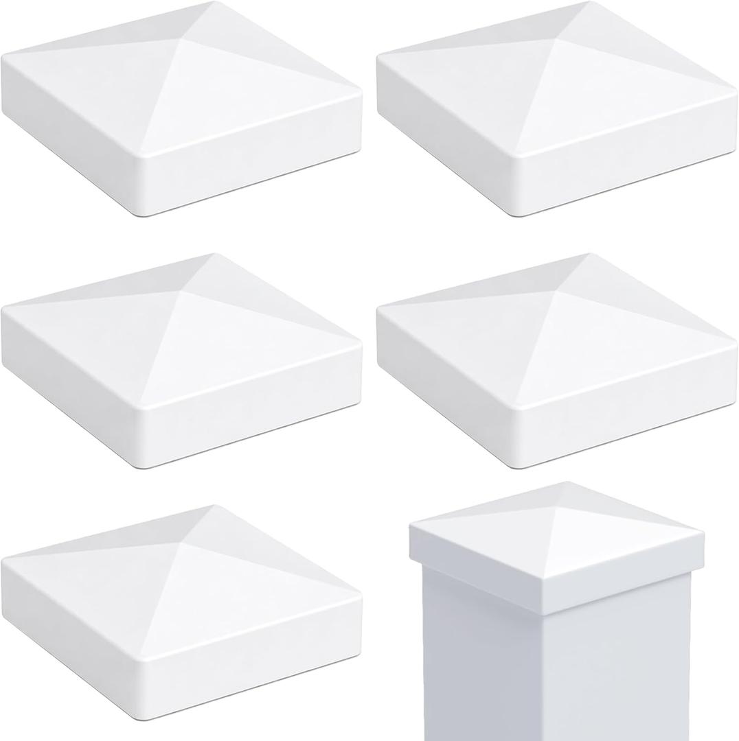 RECTOO 4x4 Vinyl Post Caps White (Actual 4.00" Internal Size - NOT for Wood Posts), Pyramid Top Toppers for Fences, Decks & Mailboxes, Weatherproof PVC Post Protector (6 Pack)