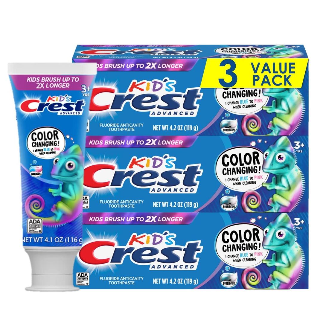 Crest Advanced Kids' Fluoride Toothpaste, Bubblegum Flavor, 4.2 oz, 3 Count, Color-Changing Anticavity Toothpaste