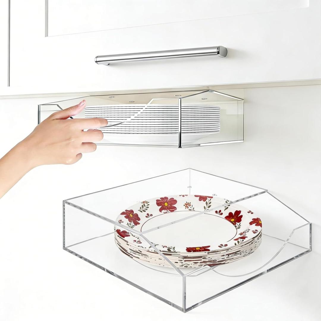 Paper Plate Dispenser, 10 Inch Large Wall Mounted Acrylic Paper Plates Holder Under Cabinet, Easy Access Vertical Plate Organizer for Kitchen Counter, Fits Round and Square Plates