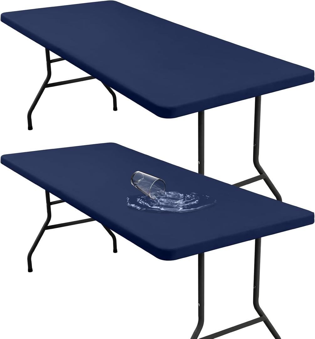 2 Pack 6 Foot Rectangle Elastic Fitted Tablecloth, Waterproof Fabric Table Cover, Washable Polyester Table Cloth for Picnic, Camping, Outdoor (Navy, 30" x 72")