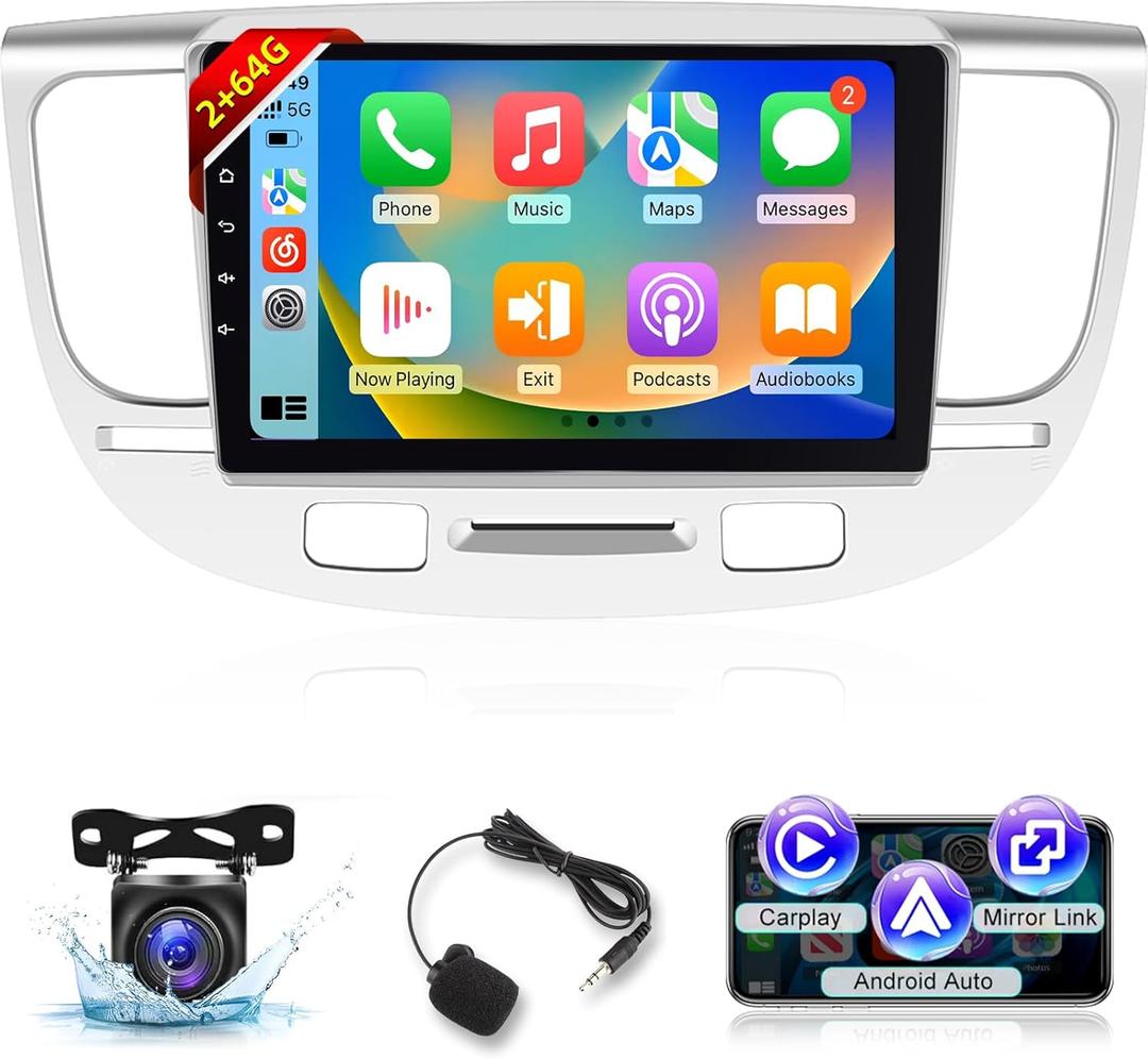 EKAT Car Stereo for KIA Rio 2005-2011 - 9 Inch 2+64G Android Touchscreen Radio with Wireless Carplay and Android Auto, HiFi/WiFi/GPS/SWC + AHD Backup Camera