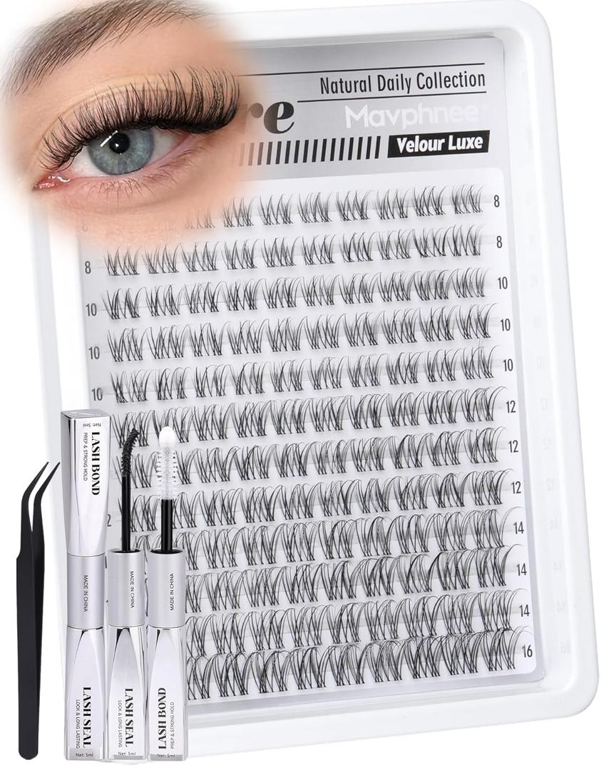 Clear Band Lash Clusters Kit Natural Cluster Eyelash Extensions Kit Wispy Individual Lashes CC-Curly Cluster Lashes Venus Eyelash Clusters Lash Bond and Seal Easy DIY Lash Kit (Velure, 8-16MM)