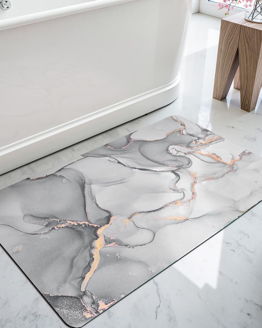 DEXI Bathroom Mat Ultra Thin, Non Slip Bath Rug for Shower Floor, Absorbent Quick Dry Marble Bathmats Low Profile, 16x24, Light Grey