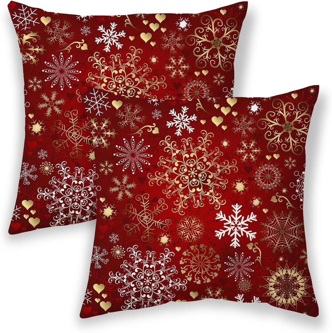 Christmas Pillow Covers 18x18, Xmas Gold White Red Snowflakes Throw Pillows for Couch, Rustic Winter Holiday Decorative Cushion Covers 2 Pcs Soft Farmhouse Square Pillowcase for Home Sofa Bed