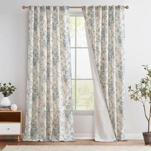 jinchan Lined Linen Curtains Floral Curtains for Living Room 96 Inches Long Blue Peony Flower Printed Curtains Rod Pocket Back Tab Farmhouse Patterned Drapes Bedroom Window Curtains Set 2 Panels