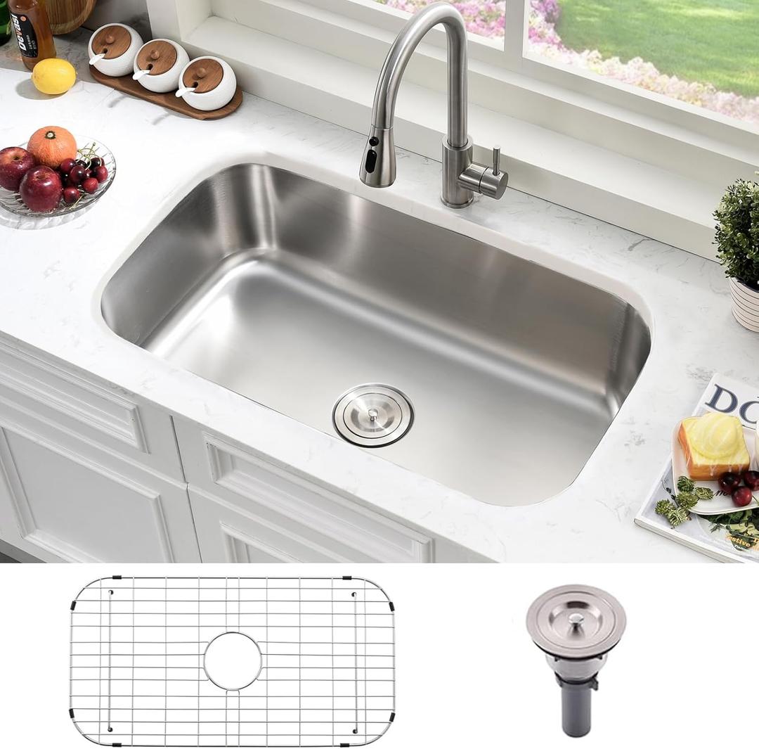 31 Inch Undermount Kitchen Sink Stainless Steel-Bokaiya 31x18 Stainless Steel Kitchen Sink Single Bowl 16 Gauge Large Corner Under Mount Sinks with Dish Grid (Brushed Nickel)