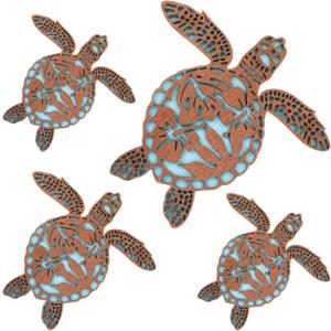 Tatuo 4 Pcs Summer Coastal Wall Decor Bathroom Beach Blue Wall Art Sea Turtle Surfboard Seahorse Starfish Seashell Conches Crabs Sea Life Decor for Bedroom Home (Retro Turtle Style)