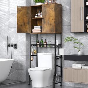 Over The Toilet Storage Cabinet - 2-Door Bathroom Organizer Shelf, Freestanding Space-Saver Toilet Rack with Privacy Protection, Water-Resistant Above Toilet Storage Cabinet for Small Bathrooms(Brown), Large