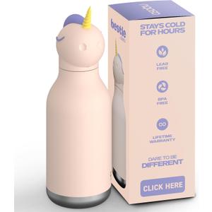 asobu Bestie Bottle Insulated Stainless Steel Water Bottle with Detachable Soft Animal Head Fun Drinking For Kids and Teens with Flexible Reusable Straw 16 Ounce (Unicorn)