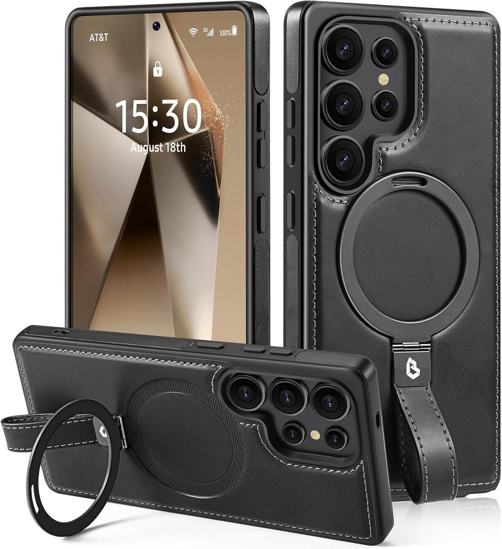 Lunivop Compatible with Samsung Galaxy s25 Ultra Case 6.9 '' 2025 Grip Strap Lanyard Leather Ring Holder Kickstand Compatible with Magsafe Women Man Magnetic Phone Cases Black