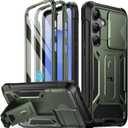 Poetic Spartan Case for Galaxy S25 6.2", [Slide Camera Cover] [Screen Protector Works with Fingerprint ID] Military Grade Rugged Shockproof S25 Phone Case with Kickstand, Metallic Green