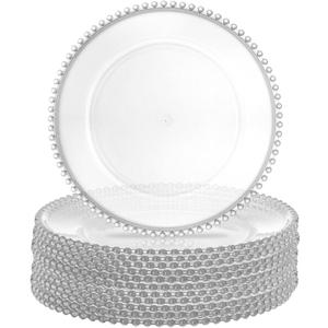 Lawei 12 Pack Clear Plastic Charger Plates with Bead Rim, 13 Inch Plastic Round Serving Plates Decor Dinner Plates for Party Wedding Events Dinner Decoration