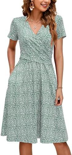 OUGES Maternity Nursing Dress Breastfeeding Short Sleeve V Neck Casual Pregnancy Clothes with Pockets, Small