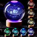 3D Solar System Crystal Ball Lamp,3.15 Inch K9 Crystal Ball Night Light with Wooden Base,16 Colors Changing with Remote Control,3D Planet Laser Engraving Holographic Light (Solar System)