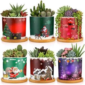Meanplan 6 Pcs 3.5'' Christmas Ceramic Plant Pots with Drainage Holes and 6 Pcs Bamboo Trays Succulent Planters Cactus Pot for Indoor Outdoor Plants Holiday Christmas Home Office Decor