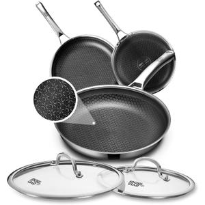 Non Stick Frying Pans Set with 2 Lid, Hybrid Pans Set Nonstick (8+10+12inch),Skillets for cooking, PFOA Free Stainless Steel Kitchen set, Dishwasher and Oven-Safe Cookware Sets