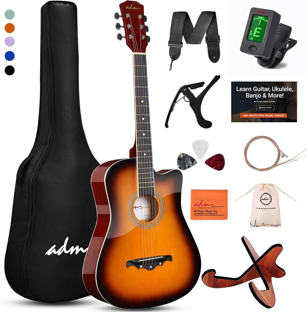 ADM 38" Inch Acoustic Guitar Bundle for Beginners Adults with Online Lesson, Cutaway Wood Acustica Guitarra Starter Set Package with Gig Bag, Strap, Steel Strings, Picks, Capos, Stand, Sunburst