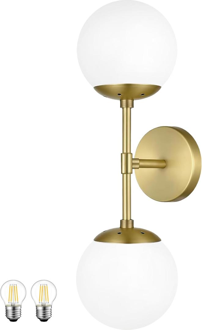 KoKo&Yukina Mid Century Modern Bathroom Lights Gold Vanity Light Fixtures Globe Sconce 2-Light Bathroom Gold Vanity Light Mid Century Glass Globe Wall Lights (1 Pack)